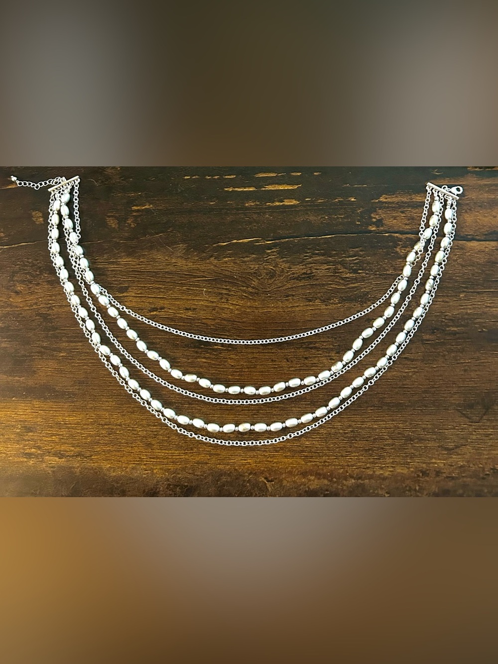 Multi-Strand Silver and White Bead Layered Necklace